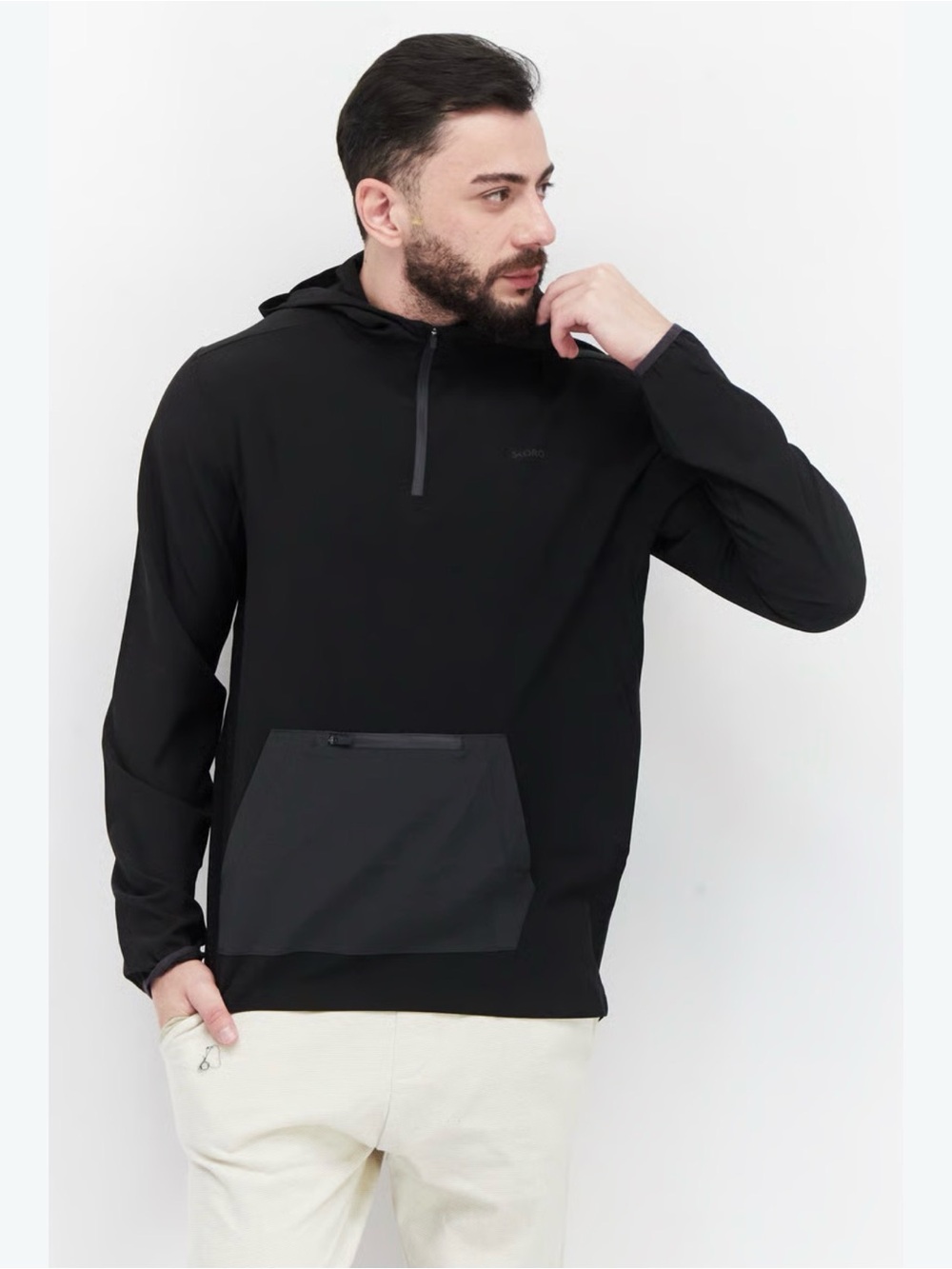 Men's Black Hooded Pullover Shirt with Front Pocket